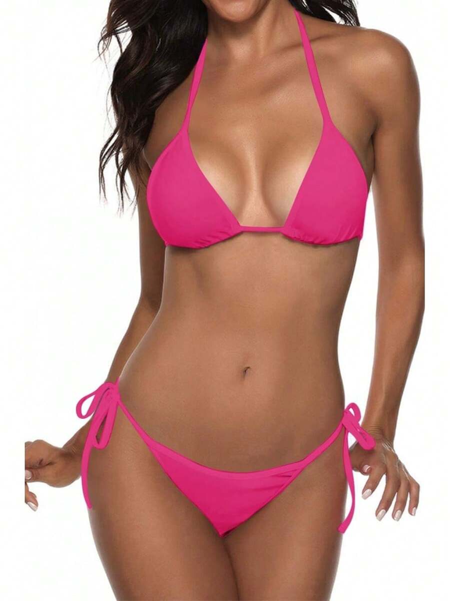 Women Two Piece Swimsuit Sexy Swimwear Halter String Triangle Bikini Sets - 亮粉紅色 - 查看 1