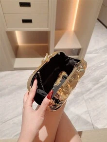 Bolso Moonlit Eve: 1 pieza Bolso de mano de noche plisado con forma de huevo brillante con diseño elegante de doble botón de perla falsa de metal, adecuado para chicas de, novias - Oro rosa - Ver 4