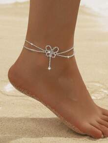 1pc Fashionable Shiny Sexy Random Micro-Inlaid Rhinestone Hollow Heart-Shaped Teardrop Pendant Women's Anklet, Suitable For Festivals, Parties And Daily Wear (Special Craftsmanship, Please Do Not Pull Hard) - Silver - View 2