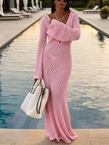 Crochet V-Neck Backless Fitted Dress, Vacation Beach Wear, Elegant Sexy Minimalist Solid Color Casual Knit Cover-Up Maxi Dress Summer - Rose Pink - View 7