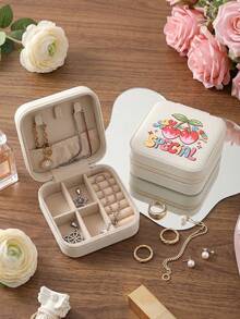 Cherry Bow Pattern PU Leather Portable Travel Jewelry Storage Box For Women, Stores Necklaces And Rings,Gift Ideas,Suitable For Home Storage,Commuting - Cherry & Bow - View 8