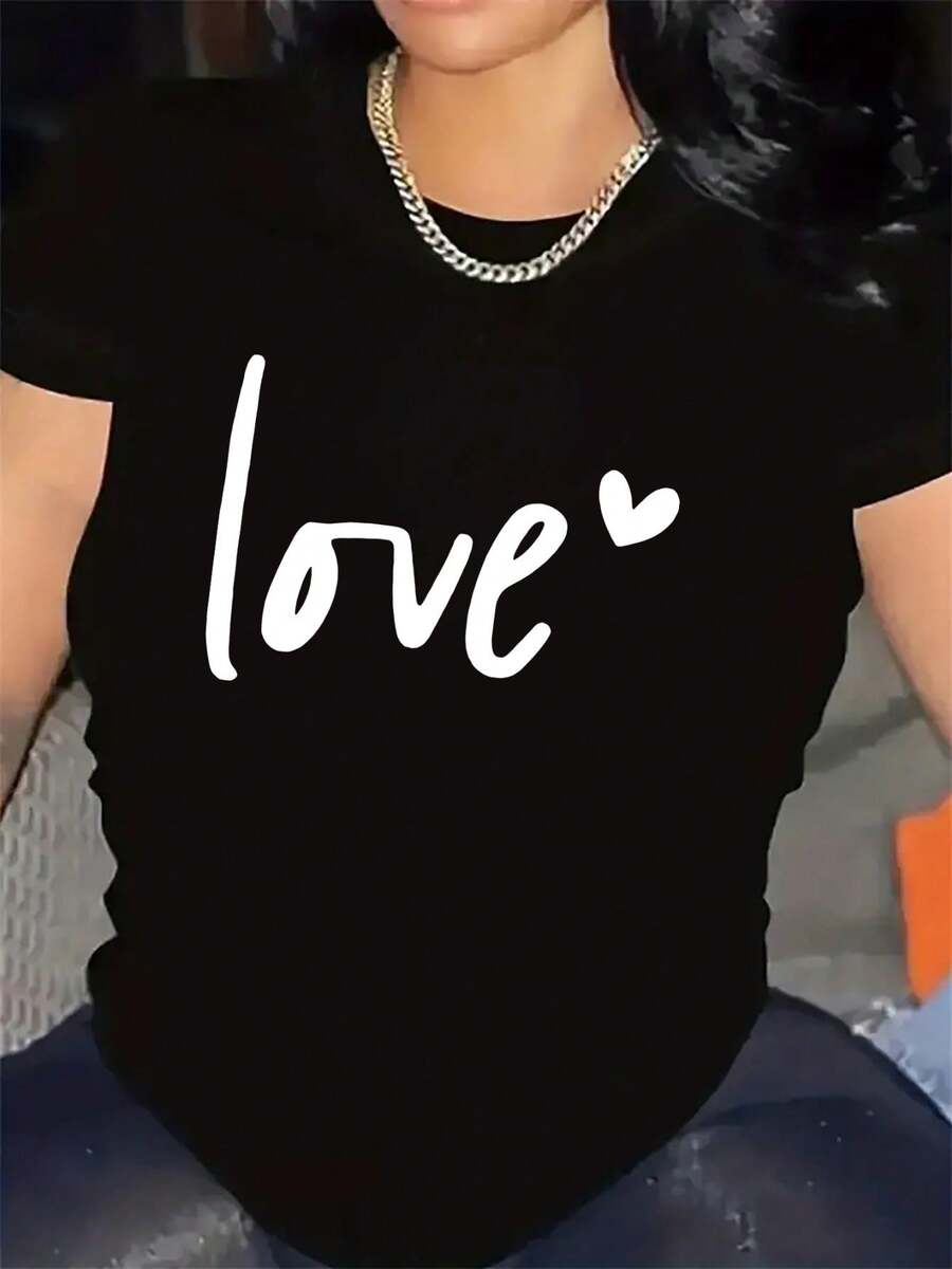 Short-Sleeved T-Shirt With Love Print, 100% Fabric, ..., Comfortable For Everyday Use - 黑色 - 查看 1