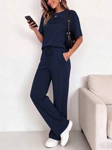 Spring/Summer Women's Comfortable Set, Women's Striped Print Round Neck Short Sleeve Top With Drawstring Casual Pants 2-Piece Set Elegant - Navy - View 1