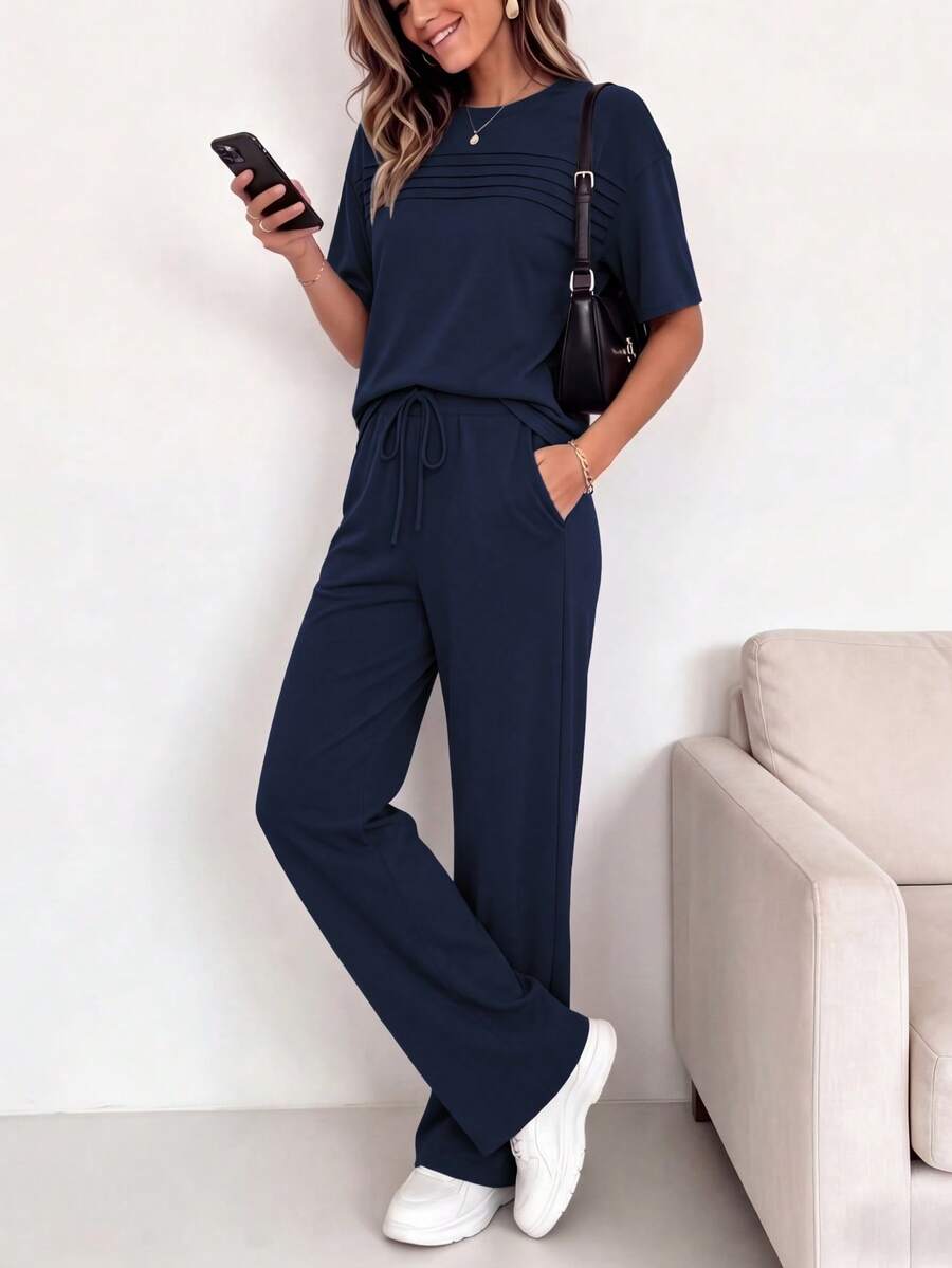 Spring/Summer Women's Comfortable Set, Women's Striped Print Round Neck Short Sleeve Top With Drawstring Casual Pants 2-Piece Set Elegant - Navy - View 1
