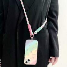 1條彩色編織長款斜跨頸掛手機繩，附心形吊飾對比色編織手機掛繩 - 玫白綠 - 查看 4