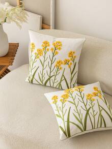 1pc Modern Pastoral Country Style Yellow Ditsy Floral Fresh Embroidered Flower Soft Washable Machine Washable Removable Sofa Bedroom Living Room Home Versatile Decorative Pillow Cover - Yellow - View 10