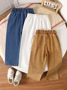 3pcs Set Girls Cute Casual Denim Jeans, Denim Fabric, Elastic Waist Design, Frayed Hem, Playful Style - Multicolor - View 2