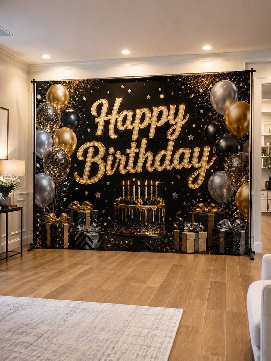 1件裝黑金生日背景布,奢華聚酯纖維派對背景,含氣球、蛋糕、禮物盒與星星元素,適合成人男女生日、拍照區、甜點桌、宴會廳、飯店、餐廳及居家慶祝裝飾 - 多色 - 查看 1