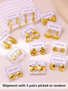 3/5/6/8 Pairs Assorted Asymmetrical Geometric 304 Stainless Steel Earrings, Luxury Versatile Accessories Suitable For Daily, Commute, Vacation, Great Gift For Girlfriend & Best Friend! Cute Earrings, Suitable For Teenagers, Random Delivery - Yellow Gold - View 11