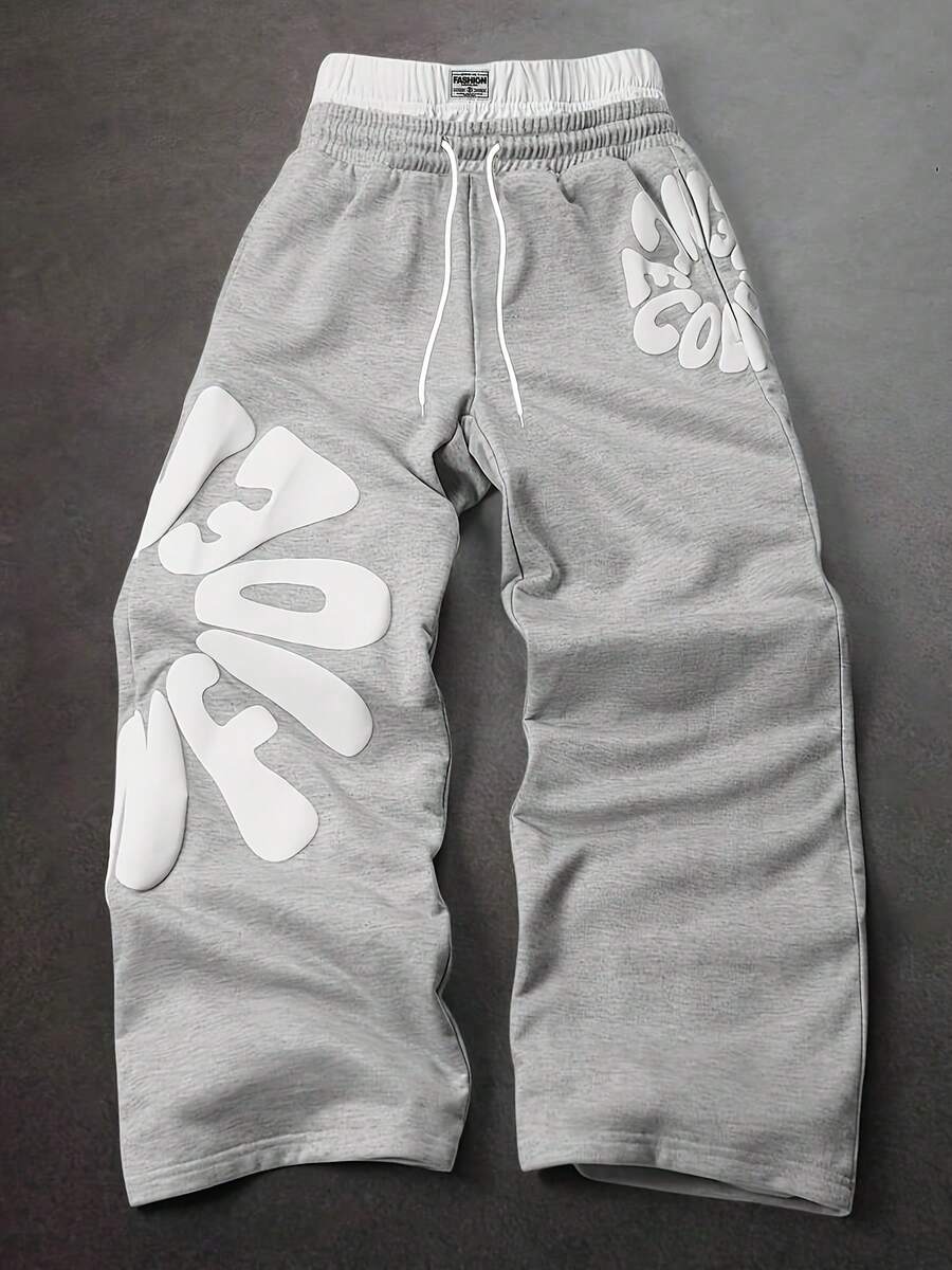 Unisex Casual, Sporty, Straight-Leg Trousers. Modern Print, Relaxed Fit, Comfortable Fabric. Ideal For Spring/Summer Outdoor Activities. Gift For A Boyfriend Or Husband. - 淺灰色 - 查看 1