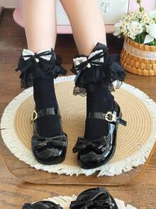 1 Pair Girls Spring/Summer Thin Lace Trim Bow Mid-Calf Socks, Versatile JK Style - Black - View 6