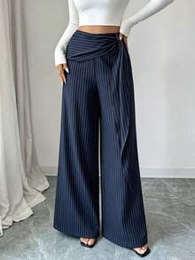 Women's Woven Striped Side Zipper Waist Design Casual Elegant Loose Long Pants, Spring/Autumn - Navy Blue - View 7