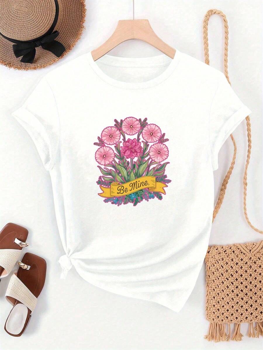 Camiseta de Cuello Redondo para Mujer con Estampado Gráfico de Letras y Ramo de Flores Rosadas Vintage, Estilo Romántico Floral, para San Valentín o Uso Diario Casual - Blanco - Ver 1