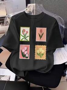 Camiseta de manga corta y cuello redondo para mujer, 100% algodón. Una prenda informal de verano con un estilo sencillo, moderno y versátil, ideal para fitness, yoga y deportes cotidianos. - Negro - Ver 1