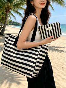 Large Capacity Black And White Striped Beach Tote Bag, Foldable Canvas Shoulder Bag, Waterproof And Sandproof Travel Bag, Suitable For Summer Essentials, Perfect For Beach Trips, Swimming, Shopping And Daily Use, Suitable For Women, Travelers And Beach Lovers, Perfect For Spring Break, Easter, Mother's Day, Teacher's Day, Graduation Season, Back To School, Christmas, Vacation And Gifts, Woven Material, Can Be Used As Beach Bag, Shopping Bag And Travel Companion, Best Travel Partner For Women - Multicolor - View 5