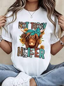Crew Neck T Shirt White Casual Loose Fit Not Today Heifer Cow With Sunflowers And Bow Print - Blanco - Ver 2