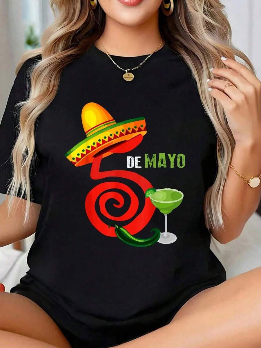 Camisa con dise￱o de fiesta del Cinco de Mayo, camiseta de cuello redondo estamp "Viva M￩xico", top casual de manga corta