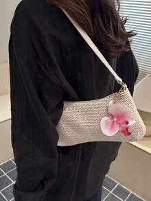 1pc Solid Color Straw Woven Flower Shoulder Underarm Baguette Bag - Beige - View 5