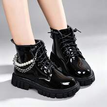 Unisex Kids Patent Leather Boots, Detachable Pearl Chain, Non-Slip Thick Sole - Black - View 3