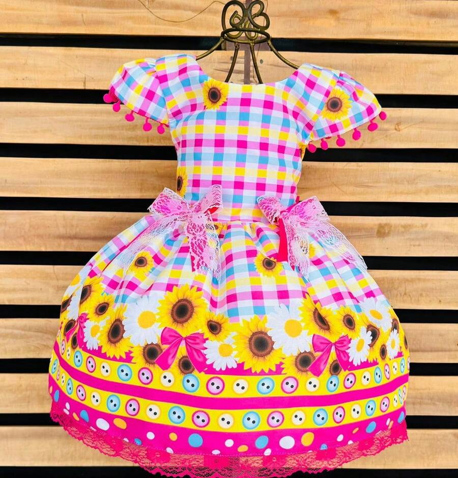 Children's Dress For June Festival, Countryside, Saint John's Day, Checkered Pattern, Bow, Square Dance, School Fair, Arraiá, Northeast, Costume, Popcorn Queen, Girl, Festivity, Ruffles, Youth, Typical July Festival - 玫瑰紅 - 查看 1