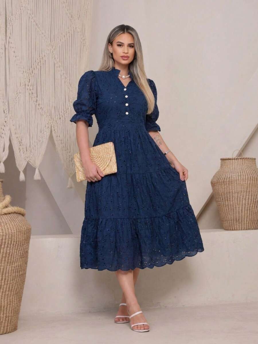 Women's Midi Dress With 3D Embroidery And Plain Design, Functional Button, Elasticated Back And Sleeves, 100% Cotton, For Women. - 純海軍藍 - 查看 1