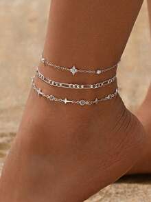 3pcs Minimalist Design Cross Star Handmade Chain Transparent Marquise Rhinestone Four-Leaf Flower Decor Anklet, Multi-Layer Stackable Silver Color Chain, Suitable For Daily Wear And Date Photo, Chain Length Cut By Section, Number Of Sections Not Fixed - Silver - View 1