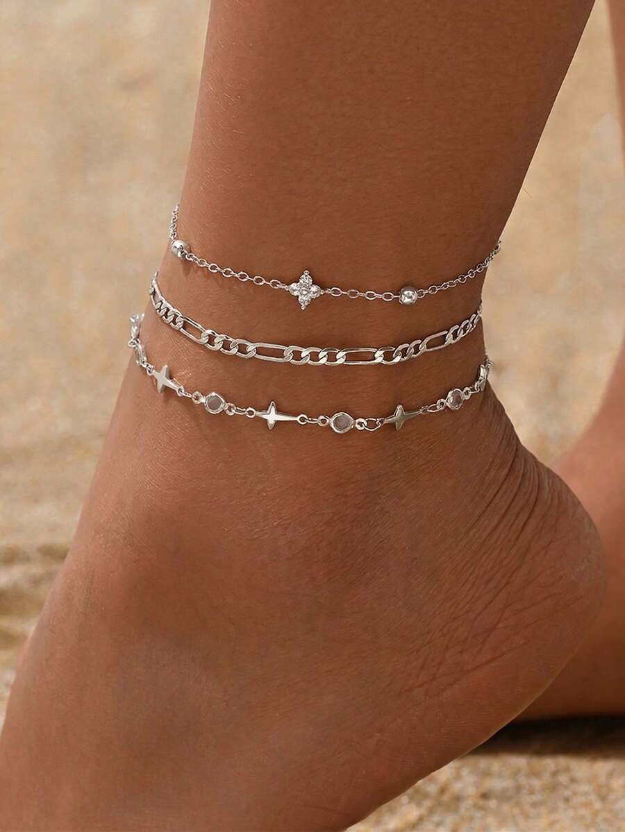 3pcs Minimalist Design Cross Star Handmade Chain Transparent Marquise Rhinestone Four-Leaf Flower Decor Anklet, Multi-Layer Stackable Silver Color Chain, Suitable For Daily Wear And Date Photo, Chain Length Cut By Section, Number Of Sections Not Fixed - Silver - View 1