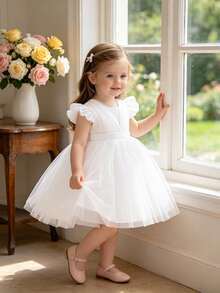 Baby Girls Mesh Back Bow Tutu Elegant Princess Flower Girl Dress, Suitable For Parties, Headband Not Included - White - View 1
