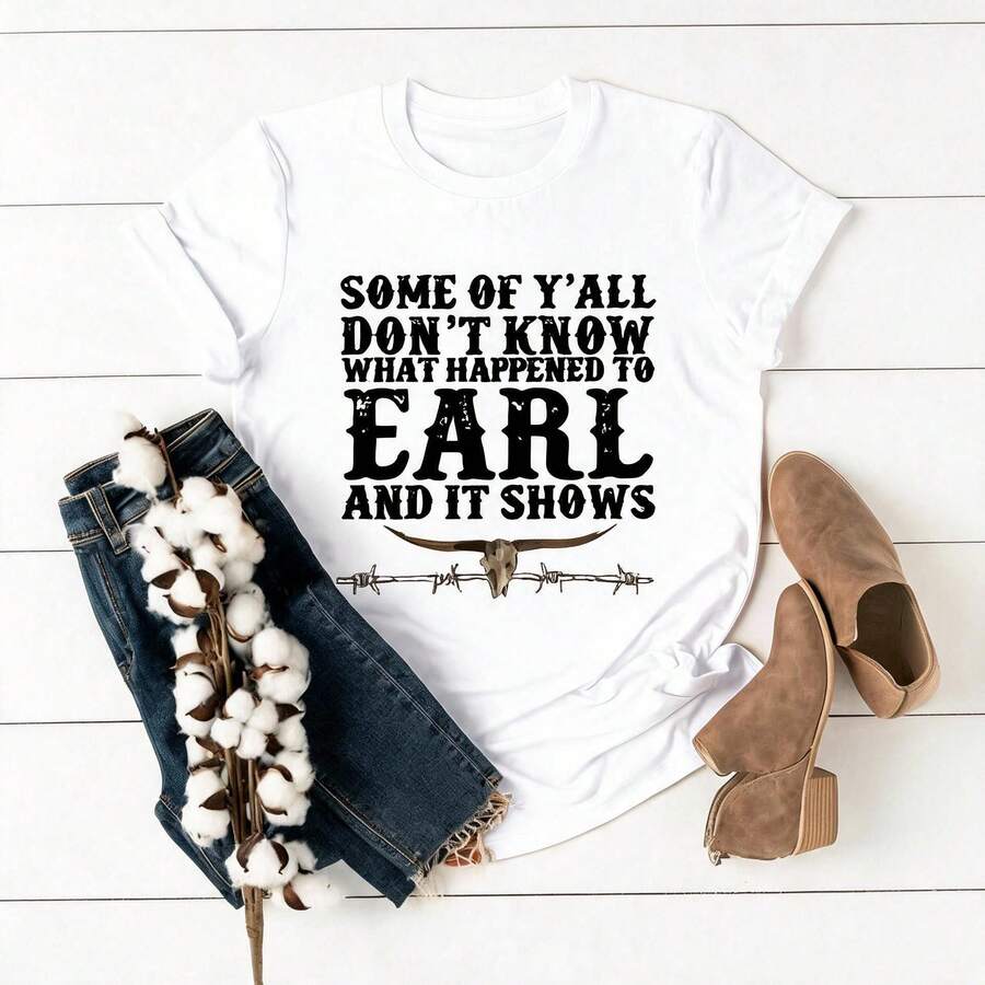 Women's Breathable, Heat-Resistant T-Shirt With A Country-Style Print Featuring A Bull Skull And Cowboy Barbed Wire, Ideal For Everyday Wear, The Beach, Vacations, Shopping, Country Outings, And Friendly Gatherings. - 白色 - 查看 1