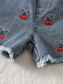 2pcs/Set Girls Summer Cherry Blossom Embroidery Casual Denim Shorts Street Fashion - Multicolor - View 6