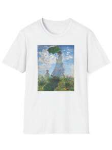 Women's Casual Knitted Short Sleeve T-Shirt with 's Woman with a Parasol Print, Regular Length Round Neck Top for Summer Style - Blanco - Ver 1