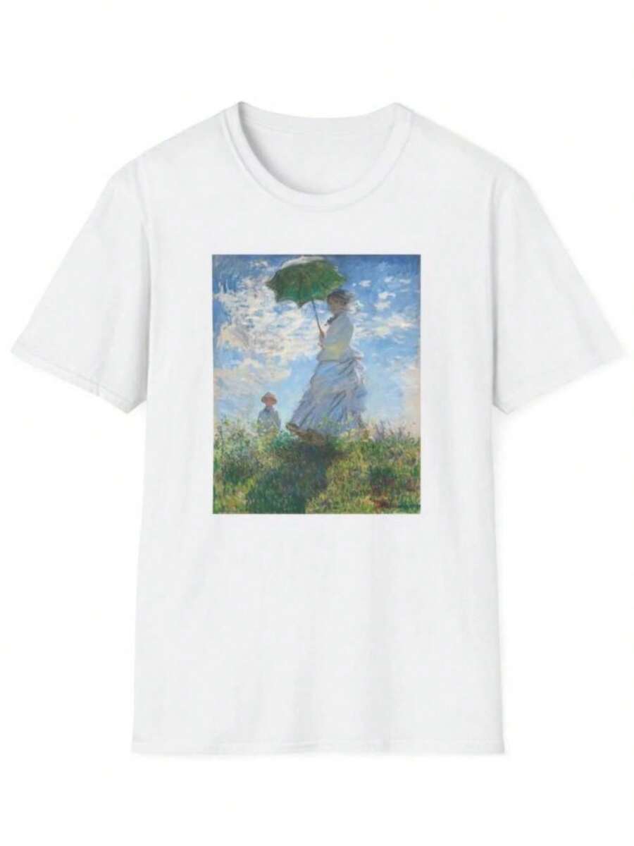 Women's Casual Knitted Short Sleeve T-Shirt with 's Woman with a Parasol Print, Regular Length Round Neck Top for Summer Style - Blanco - Ver 1