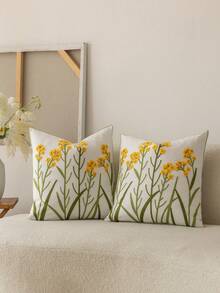 1pc Modern Pastoral Country Style Yellow Ditsy Floral Fresh Embroidered Flower Soft Washable Machine Washable Removable Sofa Bedroom Living Room Home Versatile Decorative Pillow Cover - Yellow - View 5