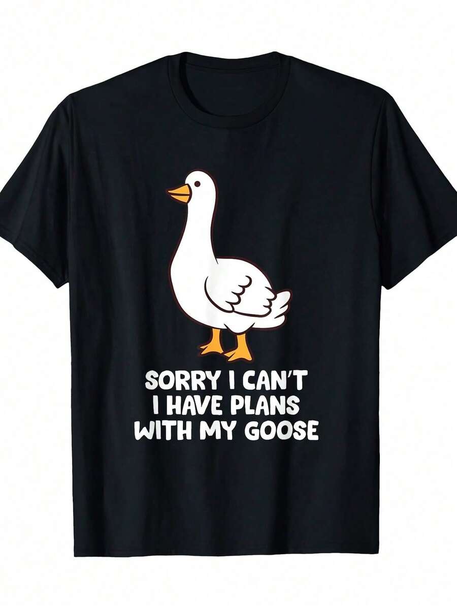 Men's Casual T-Shirt With Humorous Apology: I Can't, I'm Making Arrangements With My Goose. Women's T-Shirt -%, Short Sleeve, Crew Neck, Black With White Text, Casual And Comfortable Clothing, Shirt - 黑色 - 查看 1