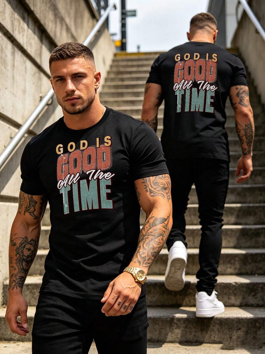 Graphic Print Men T-Shirt Hip Hop Street Style Tee - Black - View 1