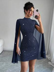 Vestido corto ajustado de cuello alto con purpurina negra para mujer, con manga de capa de gasa y diseño brillante acanalado para fiestas y discotecas. - Azul - Ver 1