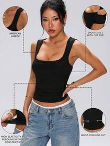 1 Stück Damen geripptes Tanktop, quadratischer Ausschnitt, breite Träger, 2-in-1 mit integriertem Brustpolster, figurbetonigte Unterwäsche/Oberbekleidung, lässige Hauskleidung, schwarze Basisschicht, ganzjährig - Schwarz - Übersicht 4