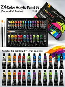 (24 Colors + 3 Brushes) Acrylic Paint Set, 12 Colors Glass/Textile Paint Set, Suitable For Beginners And Artists, Permanent Textile Paint For Clothes, Shoes, Bags, Phone Cases, Flowerpots, Etc. Applicable For Art Painting, Glass, Advertising, Fiber Arts, And Graffiti - Sets - View 2
