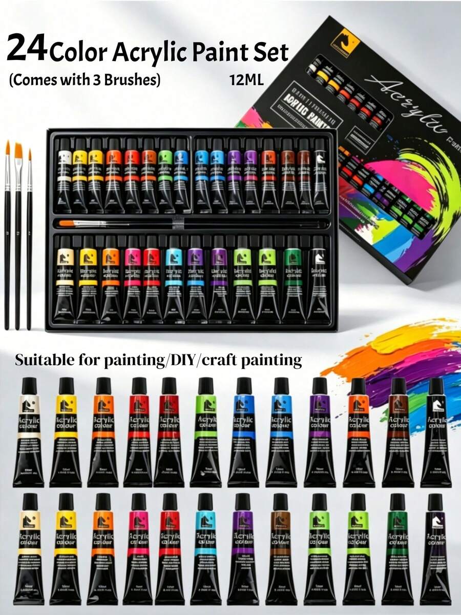 (24 Colors + 3 Brushes) Acrylic Paint Set, 12 Colors Glass/Textile Paint Set, Suitable For Beginners And Artists, Permanent Textile Paint For Clothes, Shoes, Bags, Phone Cases, Flowerpots, Etc. Applicable For Art Painting, Glass, Advertising, Fiber Arts, And Graffiti
