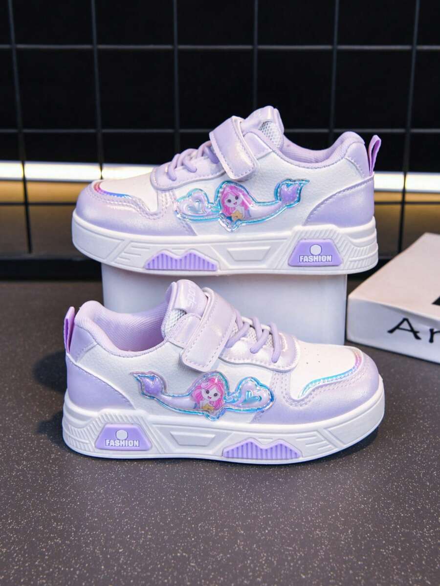 Girls' Cute Casual Lace-Up & Hook And Loop Colorblock White Sneakers - Purple - View 1