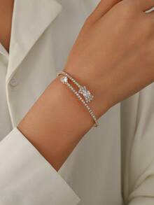 1pc Fashion Cubic Zirconia Butterfly Decorative Open Cuff Bracelet Suitable For Women's Daily Wear - Gold - View 3