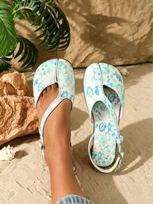 Women's Light Blue & White Floral Round Toe Flat Slide Sandals - Casual Style, Suitable For Office, Outdoor Wear, Spring/Summer - Blue and White Floral Pattern - View 12