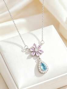 1pc Stainless Steel Chain With Zirconia Flower Water Drop Pendant Women's Fashion Necklace Jewelry, Gift Accessory - Style N - View 4