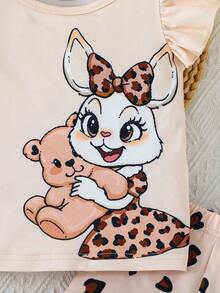 Conjunto de camiseta de manga corta con volantes y estampado de conejo de dibujos animados y cuello redondo, y pantalones cortos con estampado floral y de leopardo para niña bebé en verano - Albaricoque - Ver 5