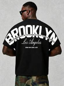 Camiseta de manga corta con cuello redondo y eslogan de Brooklyn Los Ángeles, adecuada para el streetwear - Negro - Ver 1