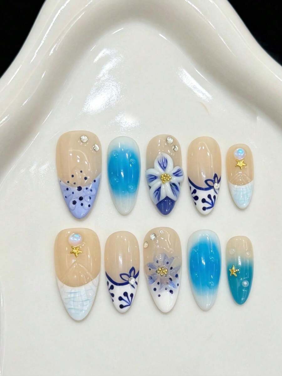 10PCS Almond Handmade Press On Nails For Party And Daily Wear, Blue Nails,Ocean Style 3D Flower Blush Ombre Almond Sculpted Handmade Press On Nails,Easy To Wear,Summer Nail,Shining Bright,Suitable For Girls And Women Festivals Parties And Daily Wear