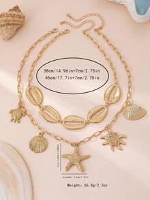 1 pieza Collar de mujer con colgante de concha de caracol, estrella de mar, concha y tortuga, estilo de vacaciones oceánicas europeo y americano - Amarillo Oro - Ver 4