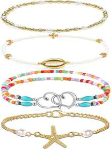 /piezas de pulseras de tobillo bohemias con cuentas de concha, elásticas ajustables con dijes de estrella de mar, joyeríde playa en capas para mujer, para usar en vacaciones de verano. - A5 - Ver 7