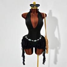 Vestido mini tipo body con cuello halter y escote en V profundo para mujer, con borlas largas irregulares, volantes de malla y sin mangas, ideal para discotecas. - Negro - Ver 4
