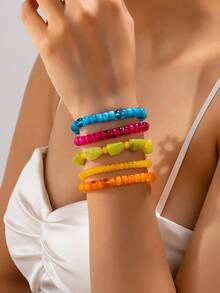 1pc/5pcs Orange Series Summer Vacation Style Seed Bead Elastic Bracelet Fashion Elegant Women's Daily Commute Beaded Bracelet - Beaded Bracelet - View 3